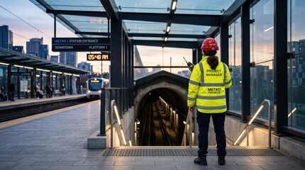 Fototapeta premium Female project manager wearing a yellow safety vest and red hard hat standing on a modern metro station platform overlooking train tracks and tunnel entrance at dawn