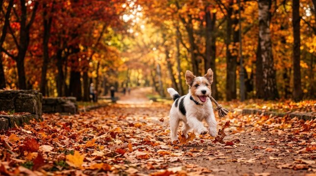 cute jack russell puppy playing happily along autumn foliage alley