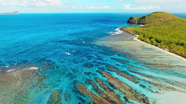 Aerial view of northern islands and turquoise lagoon in Mauritius catamaran excursion