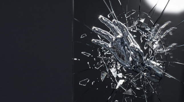 Metallic robotic hand breaking through shattered glass on dark background