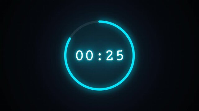 Neon countdown timer 30 seconds with blue to red glowing circle on dark background. Modern digital countdown clock animation with glowing neon ring and color change