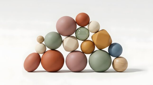 Stack of colorful wooden spheres and rounded shapes on a white surface