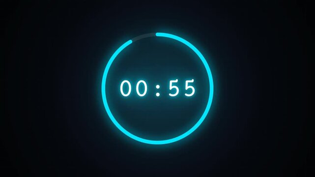 Neon countdown timer 60 seconds with blue to red glowing circle on dark background. Modern digital countdown clock animation with glowing neon ring and color change