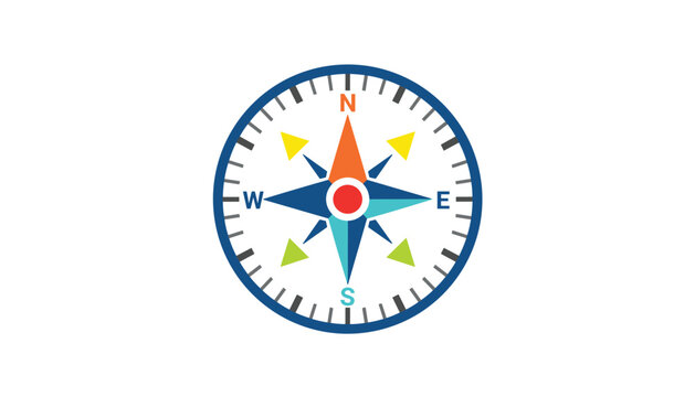 Vibrant colorful vector compass rose icon with direction markers north south east west on white background.