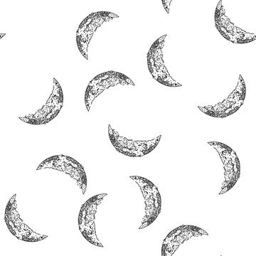 seamless pattern lunar moon hand drawn. eclipse craters, phases orbit, tides surface lunar moon black sketch illustration