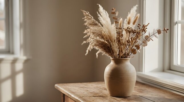 Dried pampas grass arrangement in a ceramic vase on a wooden table near a window