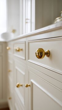 Elegant white kitchen cabinets with polished brass knobs and warm lighting. Luxury interior design concept for modern homes.