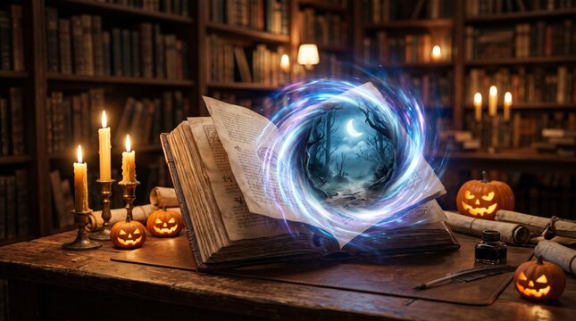 Ancient magic book opens a glowing portal to a moonlit forest among candles and orange Halloween pumpkins