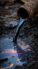 Fototapeta premium Crude oil pours from a rusted industrial pipe into a polluted puddle, creating a colorful sheen. A powerful conceptual image for environmental.