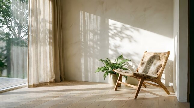 Bright interior with a woven chair and fern plant near a window with sheer curtains