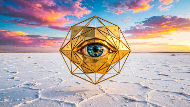 Oeil dan une objet dor&eacute;, dans paysage de glace au cr&eacute;puscule