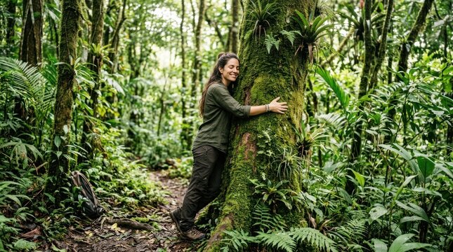 person hugging mossy tree trunk in peaceful tropical rainforest woods