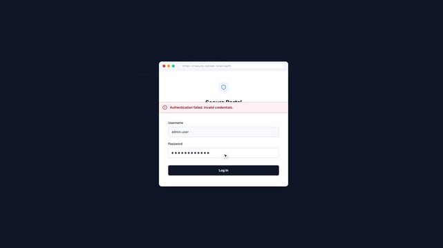 Secure system login portal displaying an authentication failed error due to invalid credentials.