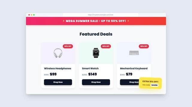 Digital storefront showing amazing deals on essential tech gadgets during a big summer sale event with coupon code.