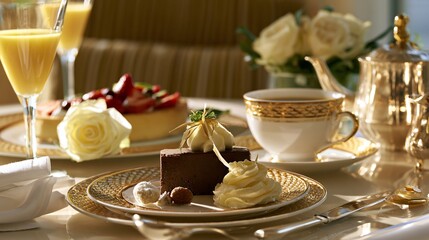 Fototapeta premium A luxury brunch composition featuring foolproof chocolate fudge served beneath bright morning sunlight and elegant hospitality decor