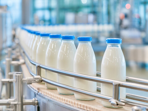 乳製品工場の製造ラインを流れる牛乳ボトル