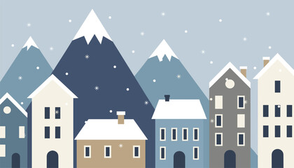 Fototapeta premium Cozy winter village with tall snow covered mountain peaks and modern houses under falling snow on a blue background.