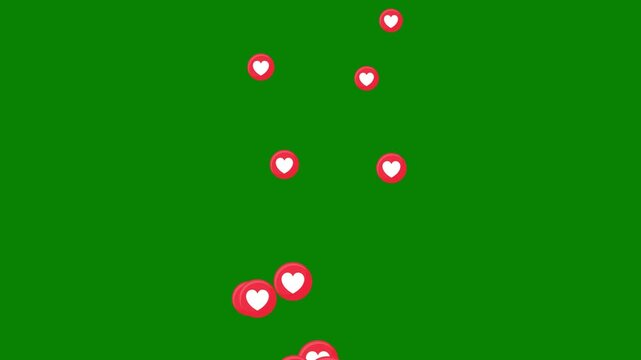 Red hearts floating upward on green background for social media reactions, live streaming engagement and follower support