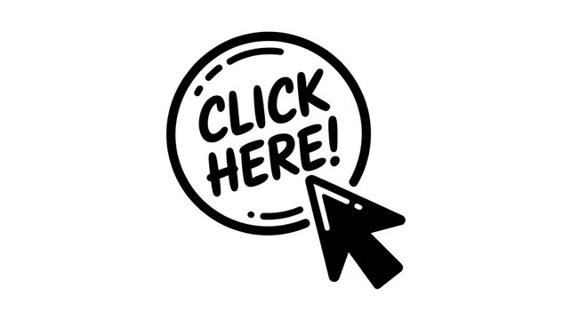 Black and white click here button with mouse cursor icon