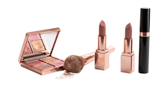 Rose gold makeup collection, luxury cosmetic set with eyeshadow palette and lipsticks, professional beauty products for glamour styling isolated PNG with Transparent Background