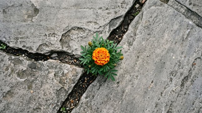 Vibrant orange marigold flower blooming resiliently through a deep crack in gray concrete pavement, symbolizing hope, nature strength, urban growth, and life persistence in harsh