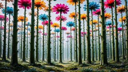 Forêt étrange avec des arbres en forme de fleurs géantes