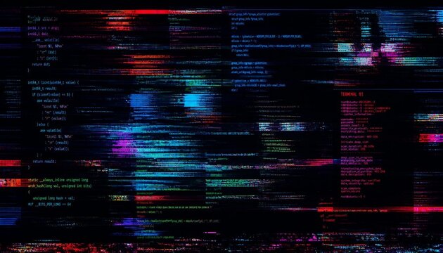 Digital data stream displaying programming code on a screen with glitch effect