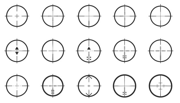 Comprehensive collection of fifteen black sniper reticle crosshairs and target aiming sights on a white background.