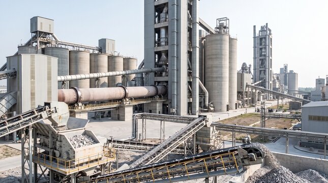 Large industrial cement factory with tall silos and conveyor belts for processing construction building materials