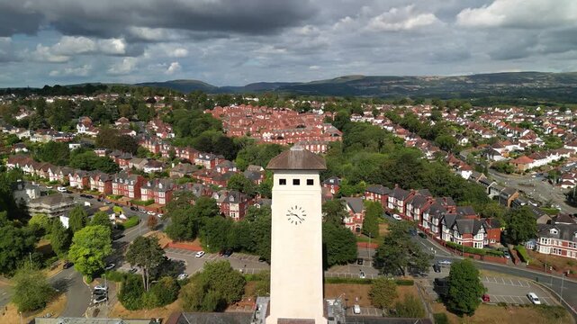 Drone flight around Newport Civic Centre clock tower