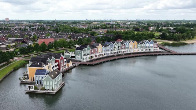 Aerial view of colorful modern water houses in houten netherlands
