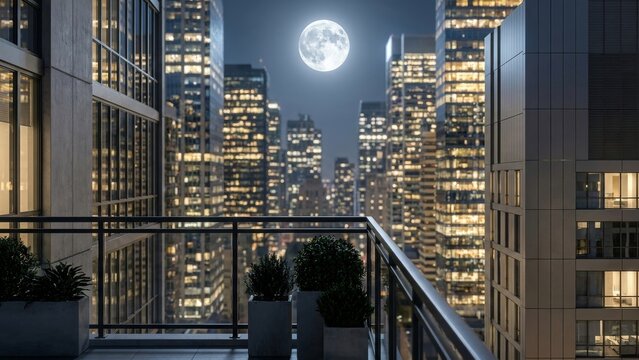 Architecture - Modern apartment balcony view of glowing city skyscrapers at night with full moon