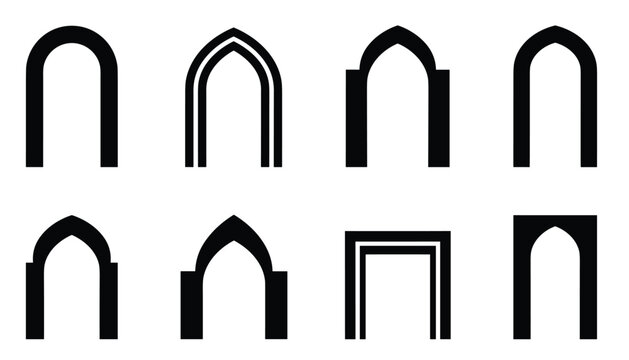 Eight architectural arch silhouettes are shown on a white background depicting various gothic and classical shapes.