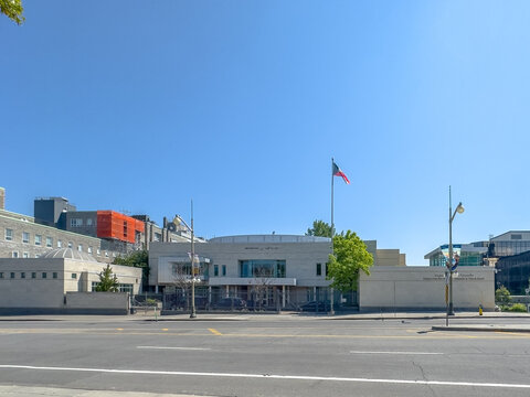 Ottawa, Ontario, Canada. August 22, 2026. Wide shot of Embassy of the State of Kuwait building with flag flying on Sussex Drive.