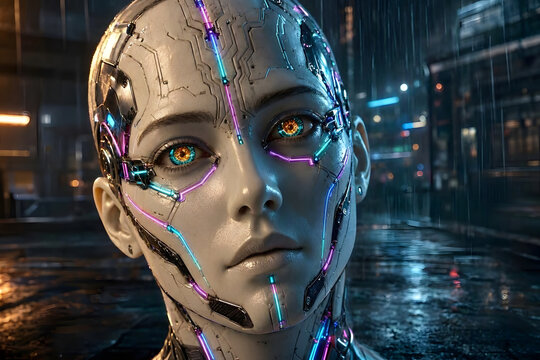 Futuristic female android with glowing cybernetic neon implants