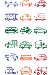 Obraz premium Hand drawn transport icons set with colorful cars buses truck and bicycle doodles vector illustration
