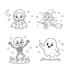 Fototapeta premium Cute Halloween characters coloring page set with vampire, witch, skeleton and ghost.