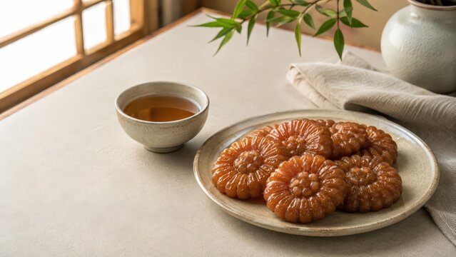 Yakgwa tradicional coreano, galletas de miel brillantes con forma de flor
