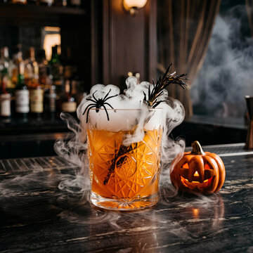 Smoky orange Halloween cocktail on a dark bar counter.