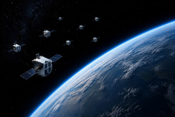 Earth limb from orbit with silver satellites, space technology and global communication theme © chrissie