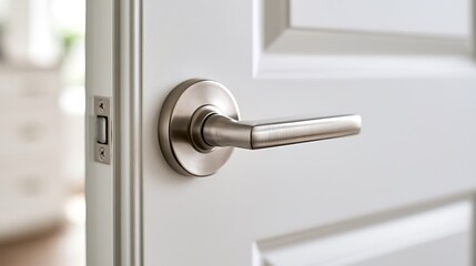 Naklejka premium Close up of a modern silver metal door handle on a white interior door.