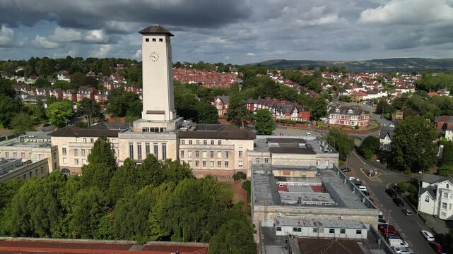 Drone flight around Newport Civic Centre clock tower