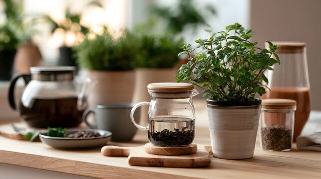 A cozy tea prepa n scene with fresh herbs  glass teapot  and wooden accents on a light wood surface