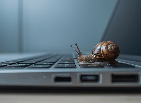Snail Crawling on Laptop Keyboard Metaphor for Slow Internet Speed