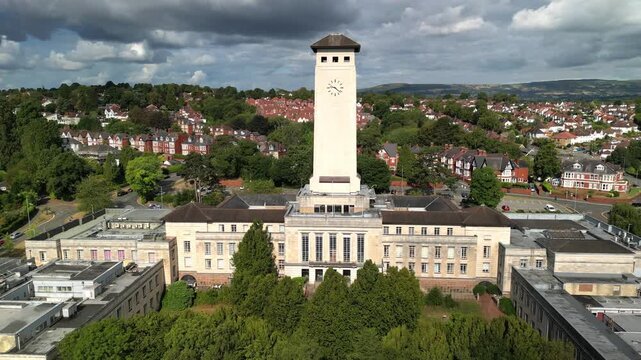 Drone flight around Newport Civic Centre clock tower