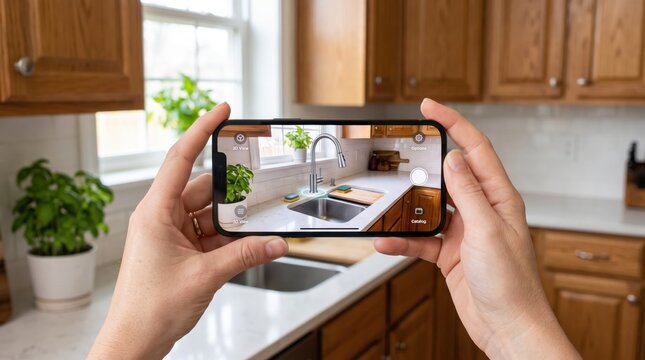 First person view holding smartphone using augmented reality app to scan modern kitchen interior for home renovation planning, digital measurement technology, smart home