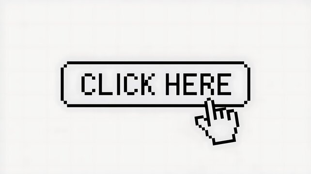Pixel art click here button with cursor hand icon