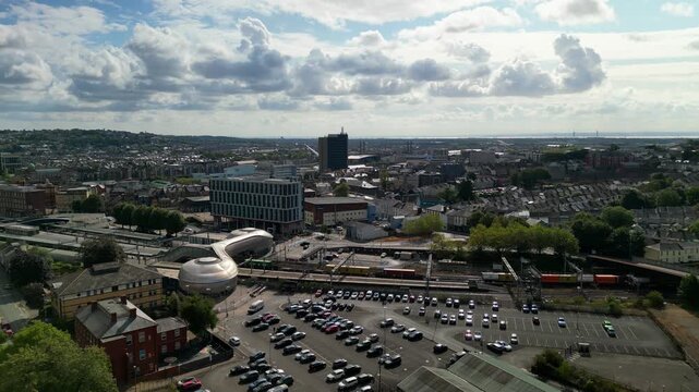 Newport Railway Station and City Panorama Aerial View, Wales