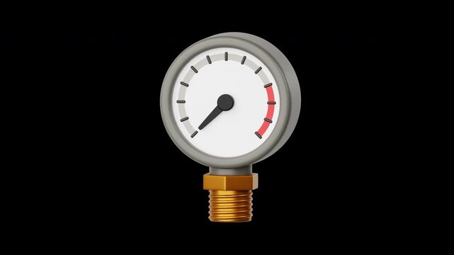 Pressure gauge needle moves from low to high level in a 4K 3D looping animation with alpha channel transparent background, representing system stress, performance measurement, and control.