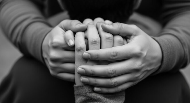 Close-up black and white image of two pairs of hands tightly holding and supporting each other